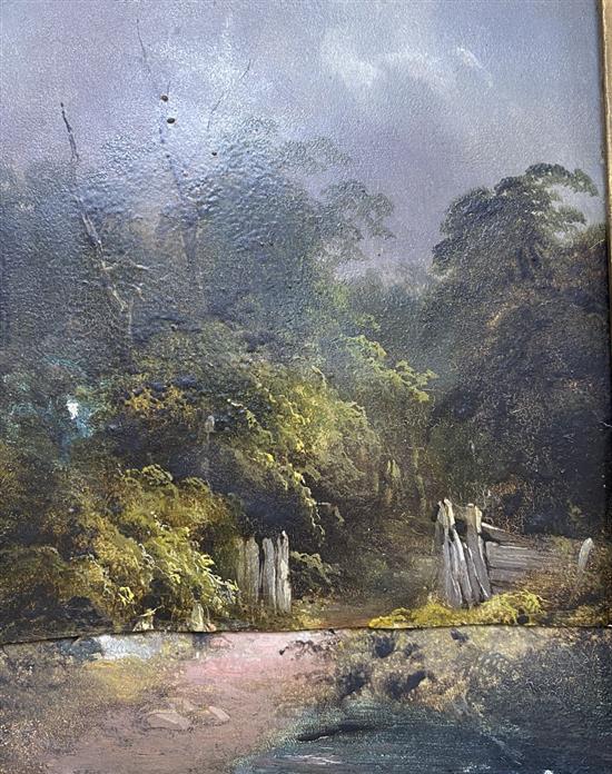 19th century English School, oil on wooden panel, Figures in a river landscape, 24.5 x 20cm and a similar small oil landscape, 20 x 16c